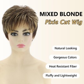 SEVENCOLORS Short Dark Brown Mixed Blonde Pixie Cut Wigs for Women Synthetic Layered Highlight Wigs with Bangs Natural Hair Replacement Wig