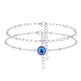 ZELORES 925 Sterling Silver Evil Eye Anklets For Women White Gold Plated Evil Eye Ankle Bracelets Dainty Adjustable Layered Beaded Chain Anklets Summer Beach Foot Jewelry