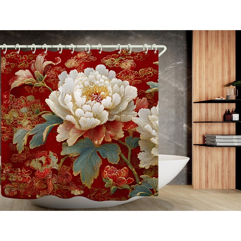 WODEJIA Red Peony Shower Curtain, Chinese Style Floral Embroidery Bathroom