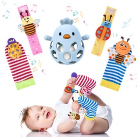 MCGMITT Baby Rattle Socks and Foot Finder Set, Educational Toy for Newborn 0-12 Months, Baby Shower Gift (Blue Rattles)