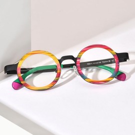 FONEX Acetate Titanium Glasses Frame Women Round Eyeglasses Vintage Eyewear F85816 (F85816 Black)