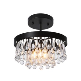 SEOL-Light Vintage Black Crystal Chandelier Small Close to Ceiling Light Round Tiered Pendant Light for Entryway,Kitchen,Dining Room,Dimmable,1 Light,40W,E12,12 Dia*6" H;