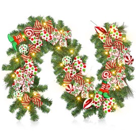 Jutom Christmas Garland 6ft Pre Lit Christmas Elf Garland with Red and Green Ball Bows Lights Peppermint Candy Christmas Decoration for Xmas for Mantle for Front Door Fireplace Table Home Decor