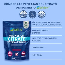 Wellthy Citrato de Magnesio en Polvo 600g Sabor Raspberry. 60 Días de Porciones, Equivalente a 417mg de Magnesio por Porción, Reforzado con Fibra Prebiótica Orafti®, Scoop Incluído, Bottle Free.