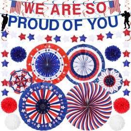 We Are So Proud of You Patriotic Soldier Banner Military Going Away Party Decorations Red White Blue Paper Fans Star Streamer Pom Poms Hanging Swirls for Veterans Day Presidents Day Independence Day