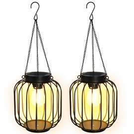 FREEPOWER Solar Lanterns Outdoor Waterproof - Set of 2 LED Garden Lighting Flickering Warm White Light, Metal, Hanging & Standing