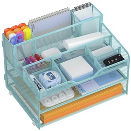 Docnest 3 Tier Mesh Desk Organizer for Paper Office Supplies – Multi-Functional Letter Tray with 5 Adjustable Compartments, 3 Pen Holders, Desktop Storage for Files, Mail, Stationery – Blue