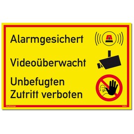 Alarmgesichert Videoüberwacht Sign | Unbefugten Zutritt verboten | Sturdy Aluminium Sign with UV Protection 30 x 20 cm | Yellow | Alarm System Video Surveillance Camera Surveillance | Dreifke®