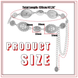 Manfnee Western Metal Concho Belt for Women Cowgirl Chain Belt for Dresses Jeans Country Concert Outfit, Alloy, No Gemstone
