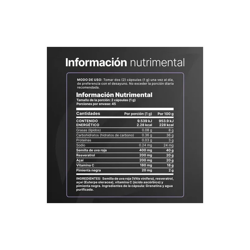 Resveratrol De 90 Cáps Con Semilla De Uva Roja Acai.