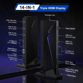 PORTTA 14 in 1 Docking Station Triple Monitor up to 4K 60 w/ 150W Power Adapter, HDMI x3, USB x6, RJ45, SD/TF, 100W PD, Audio/Mic, Compatible with macOS/Windows SST/MST, Driver Required