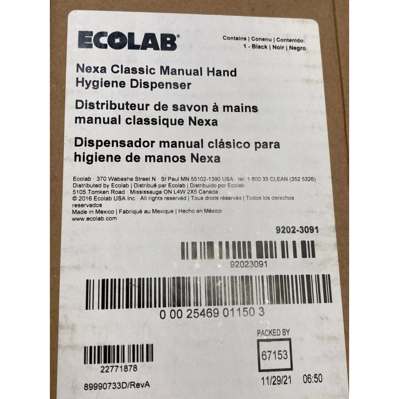 Ecolab Nexa Classic Manual Hand Hygiene Dispenser 9202-3091 Black
