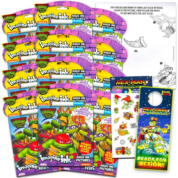 Teenage Mutant Ninja Turtes Imagine Ink Coloring Book Set for Kids - 12 Pack No-Mess Magic Ink TMNT Coloring Books with Rex-Man Stickers and Door Hanger (TMNT Party Supplies Party Favors Bundle)