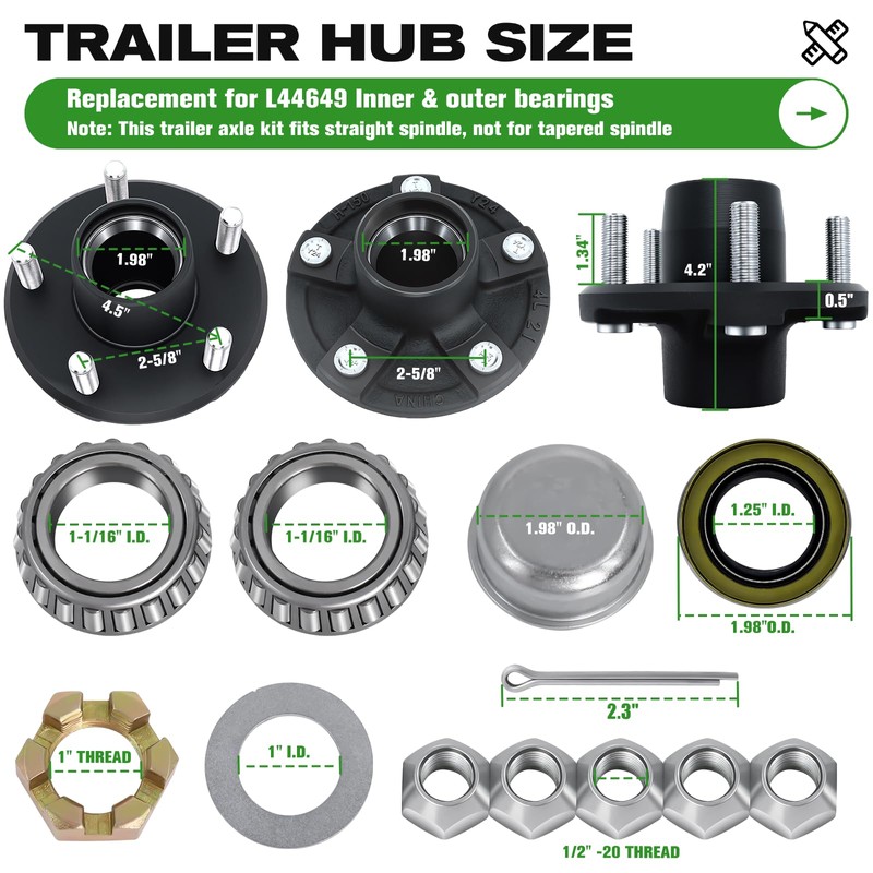 2 Sets 5 on 4.5" Trailer Hub Kit, 2,000 lb