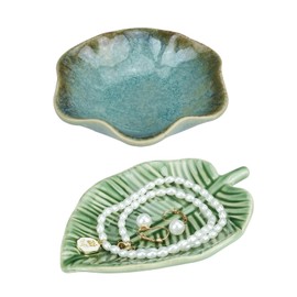 2Pcs Leaf Trinket Dish for Women, Ring Dish Holder, Green Jewelry Dish, Decorative Trinket Tray Plate, Necklace Bracelet Key Storage Bowl, Ceramic Jewelry Trays for Engagement Wedding Birthday Gift