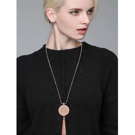 Gleamart Long Necklaces Disk Circle Pendant Tassel Fringe Statement Necklace for Women Rose Gold