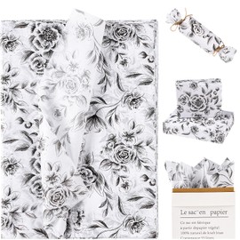 RUSPEPA Floral Tissue Paper, Black White Vintage Hand-Drawn Flower Design Wrapping Tissue for Gift Bags, Bouquet Packaging, Wedding, Bridal Shower, Art Crafts, 19.5 x 27.5 Inches, 25 Sheets