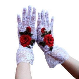 Women's Lace Short Mitten Gloves with Embroidered Flowers - for Brides, Weddings, Cocktail Parties, Tea Parties, Opera, Evenings, Dances & Elegant Short Courtesy Gloves. (White with Red Flowers)