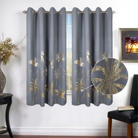 Chlophy Gold Blackout Curtains Grey Foil Printed Palm Leaves Trees Luxury Bedroom Eyelet 46×54 Short Thermal Tropical Total Room Darkening Metallic Window Curtain Living Room 2 Panels