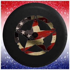 JL Spare Tire Covers Oscar Mike Military WW2 Star Vintage American Flag Car Accessories Black 32 to 33 Inch with Backup Camera Hole