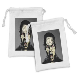 Lunarable Vampire Fabric Pouch Set of 2, Angry Scary Male Vampire Bloodthirsty Hungry Demon Ears Zombie Fangs Biting, Small Drawstring Bag for Toiletries Masks and Favors, 9" x 6", Black Red Yellow