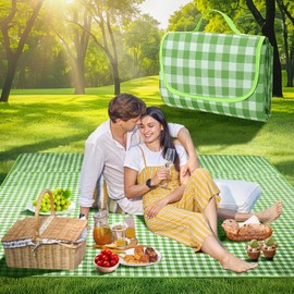 SRJEQC Picnic Blanket XXL 200 x 200 cm, Picnic Blanket Green Check, Portable Bath Blanket with Carry Handle, Waterproof Sandproof for Garden, Picnic, Beach, Camping, Beach Blanket XXL for 6-8 People