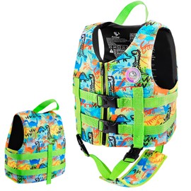 Pottwal Swim Vest for Kids - Swim Jacket for 1-3 Years (17.5-39.5LBS) - Buoyancy Aid Made of Neoprene & EPE - with Adjustable Crotch Strap - Green Dinosaurs