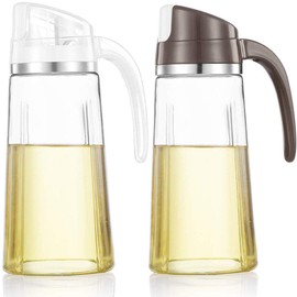Auto Flip Olive Oil Dispenser Bottle,20 OZ Leakproof Condiment Container With Automatic Cap and Stopper,Non-Drip Spout,Non-Slip Handle for Kitchen Cooking (2 Pack White+ Brown)