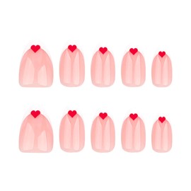 MISUD Press on Nails Almond Medium Fake Nails Glossy Glue on Nails Red Heart Acrylic Nails Stiletto Artificial Nails White French Tip Stick on False Nails with Design 24 pcs