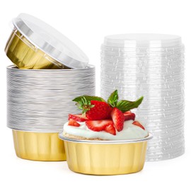 Beasea Disposable Ramekins with Lids, 8 oz 50 Pack Golden Aluminum Foil Cups Disposable Creme Brulee Muffin Cupcake Baking Cup Mini Pudding Cups for Party Wedding Birthday