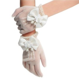 MANJIAMEI Flower Girls Gloves, Short Lace Princess Gloves for Little Girls, Bridesmaids Wedding Dress Gloves, Kids Wrist Length Mesh Gloves with Bowknot Pearl Decor for Evening Pageant Prom