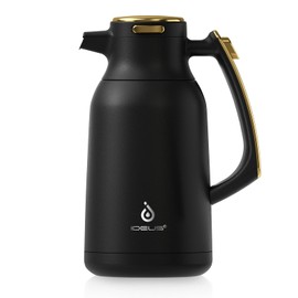 IDEUS Thermal Coffee Carafe 68oz (2,000ml), Stainless Steel Double Wall Insulated Vacuum Flask, Water Jug Coffee Server and Beverage Dispenser, Heat and Cold Retention (Black-Gold, 68oz (2,000ml))