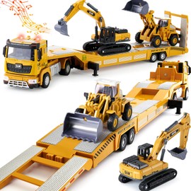 G.C Construction Vehicles Children 1: 40 Truck Toy with Excavator Bulldozer, Long Construction Vehicles Car Transporter Truck with Light and Sound Children's Toy Gift for Boys 3 4 5 6 Years