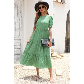 PRETTYGARDEN Summer Dresses for Women 2025 Casual Floral Boho Midi Sun Dress Puff Short Sleeve Flowy Beach Vacation Sundress (Green,Medium)