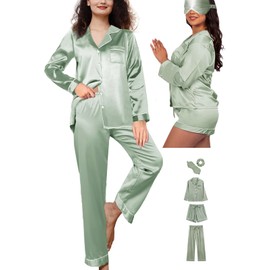 WJing Yi Jia 5Pcs XS-XXL Womens Silk Satin Pajamas Sets Long Pj Sets Button Down Pjs Set Loungewear Sleepwear