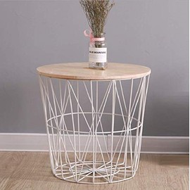 HOMION Modern Round Wire Metal Storage Basket Side Table Bedroom Balcony Corner Tea Table (White, Small)