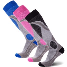 Pure Athlete Elite Wool Ski Socks - Lightweight Merino Wool Thermal Warm Skiing and Snowboarding Sock, for Men and Women (Small, 3 Pairs - Black(1)-Pink(1)-Blue(1))