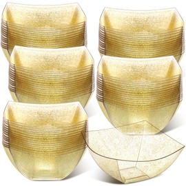 Tanlade 50 Pcs Gold Glitter Square Plastic Serving Bowls Disposable Snack Salad Bowl Small Party Candy Bar Containers Taco Bar Serving Dishes for Buffet Chips Fruit(8 oz)