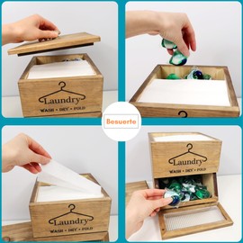 Besuerte Laundry Pod Holder, Dryer Sheet Container with 2 Tiered Rustic Wooden Laundry Pod Dispenser, Laundry Pods Container for Laundry Room Organizer, Brown