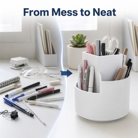 Rotating Pen Holder for Desk Organization - 3-Compartment Storage for Stationery, Makeup Brushes & Office Supplies
