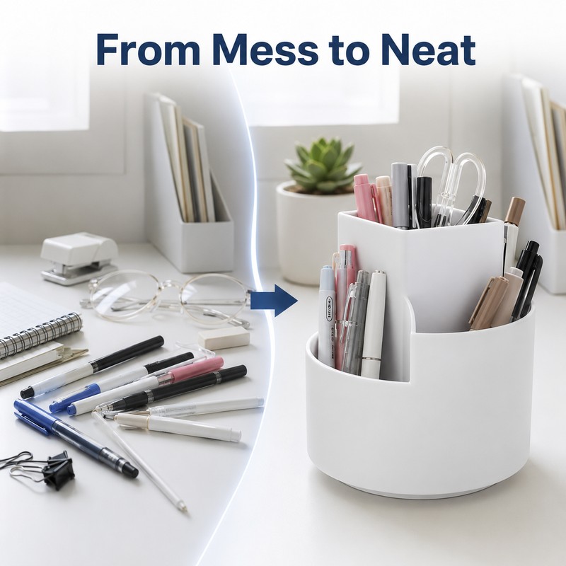 Rotating Pen Holder for Desk Organization - 3-Compartment Storage for