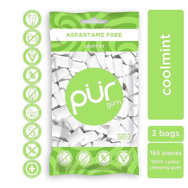 PUR 100% Xylitol Chewing Gum, Coolmint, Sugar-Free + Aspartame Free, Vegan + non GMO, 55 Count (Pack of 3)