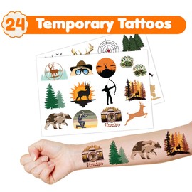 36PCS Hunting Party Favors 24 Tattoos Sticker 12 Stamp Set - Ideal Bear Oh Deer Themed Birthday Card Decorations Supplies Goodie Bag Cute Rewards for Girls Classroom Gifts Baby Shower Prizes