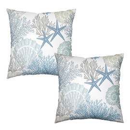 Wnoesat Coastal Outdoor Pillow Covers 18x18 Set of 2 Nautical Beach Themed Summer Throw Pillows Ocean Coral Starfish Seashell Pillow Cases Blue Sea Beachy Cushion Cover for Home Couch Sofa