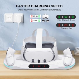 Charging Dock for Meta Quest 3, Auto-Clamping VR Charging Stand for Quest 3 VR Headset and Controllers, Magnetic Fast Charging Station Accessories with 2 Rechargeable Batteries, LED Indicator