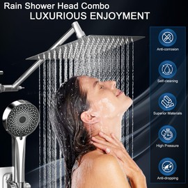 Shower Head, Rain Shower Head with Handheld Spray Combo, 10 Inch Adjustable High Pressure Rainfall Shower Head, Dual Showerhead Set with Extension Arm and 60 Inch Long Shower Hose (Silver)