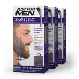Just For Men Touch of Gray Mustache & Beard, Beard Coloring for Gray Hair with Brush Included for Easy Application, Light & Medium Brown B-25/35, Pack of 3