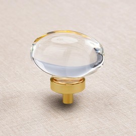 CLCTK 8 Pack Glass Cabinet Knobs and Pulls, Oval Crystal Knobs for Dresser Drawers, Satin Brass/Gold Kitchen Cabinet Pulls Egg Shape