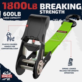 Ratchet Tie Down Straps (1,800 lbs Break Strength) - Vehiclex 15 Ft Versatile Straps for Powersports, Garage, and Outdoor Use - Soft Loops, Deep S-Hooks & Comfort Grip Handle (4 Pack, Green)
