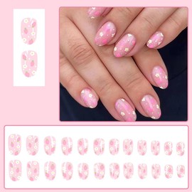 24 Pcs Spring Press on Nails Short Oval Almond,YIHONGYAN Pink Flower Fake Nails Press ons French Nail Tips Acrylic Nail Art Manicure Kit Glue on Nails Full Cover False Nails Stick on Nails for Women